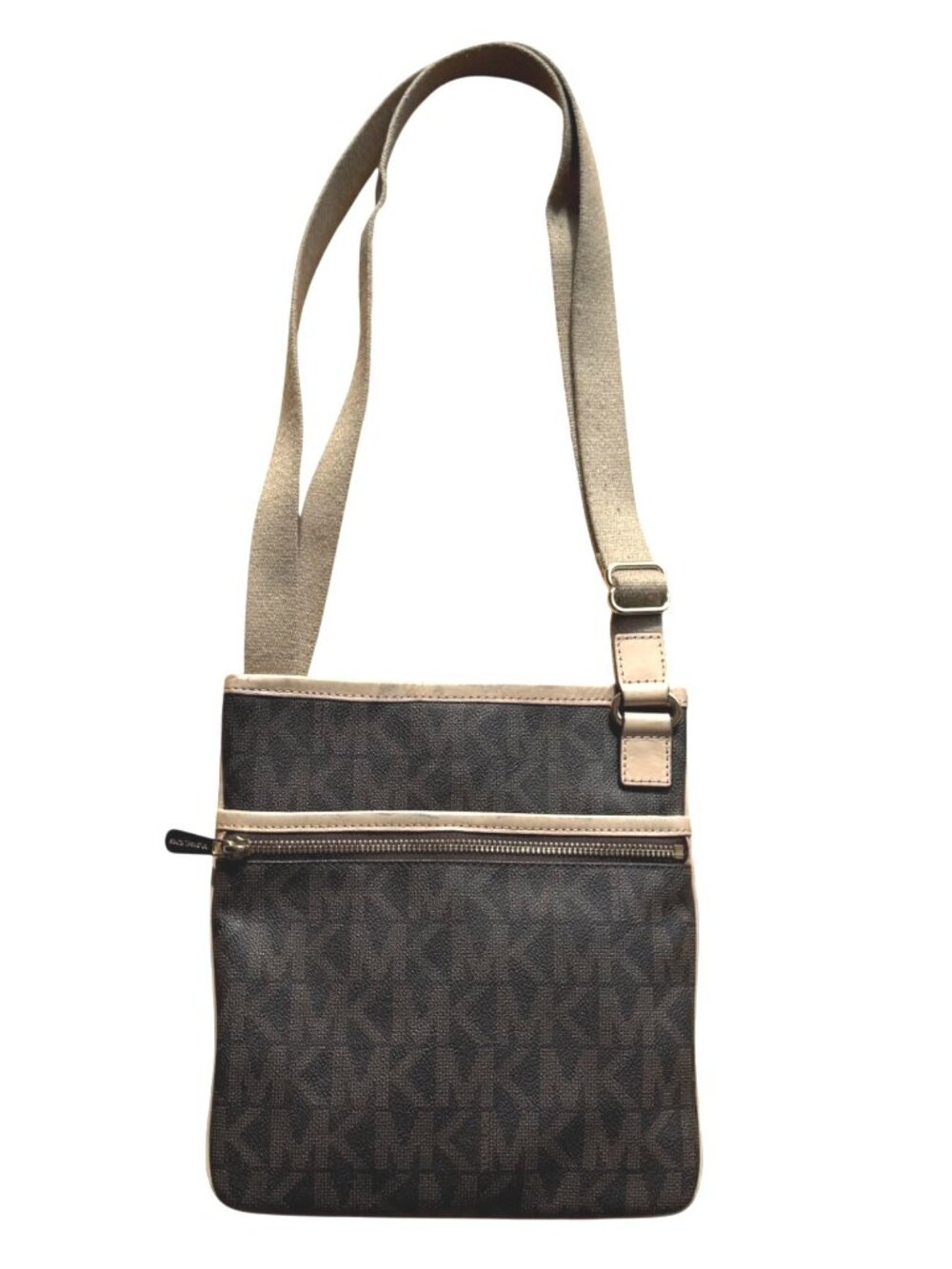 Michael Kors Women's Crossbody Bag Brown Beige Flat Slim Monogram Tan Trim
